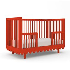 an orange crib with white sheets on the bottom and sides, in front of a white background