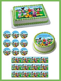 a birthday cake with mickey mouse decorations and edible stickers on it's side