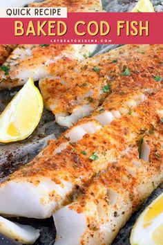 baked fish with lemon wedges and parsley on the side in a skillet