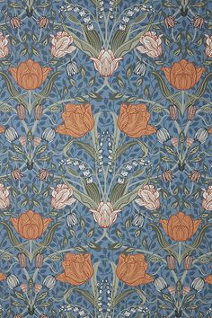 an intricately designed wallpaper with orange and blue flowers on it's sides