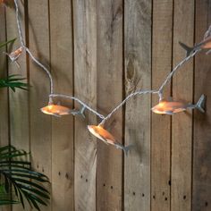 a string of lights hanging from a wooden fence