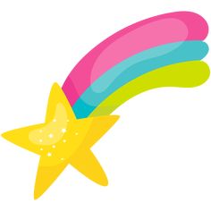 a star with a rainbow colored tail and stars on it's side is flying through the air