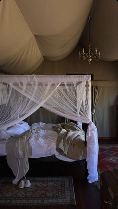 a canopy bed with white netting on it