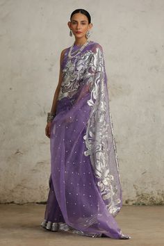 Purple organza saree with metallic silver aari hand embroidery. Comes with a blouse and an underskirt. - Aza Fashions Organza Sari, Modern India, Purple Saree, Indian Crafts, Blouse For Women, Organza Saree, Silk Organza, Saree With Blouse, Traditional Indian