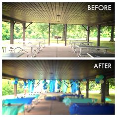 before and after photos of a covered picnic area with blue tablecloths on the tables