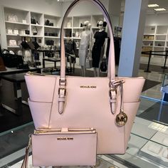 100% Authentic New With Tags Color: Powder Blush Mk Charlotte Large Tote -15"L X 10"H X 4.25"D -Double Shoulder Straps: 10" Drop -Saffiano Leather -Gold Tone Hardware -Top-Zip Closure -Mk Logo Charm -Exterior: 2 Side Slip Pockets -Interior: 1 Zip Pocket And 2 Slip Pockets Mk Jet Set Travel Double Zip Leather Wristlet -7-1/4"W X 4"H X 1-1/2"D -6"L Removable Strap -Snap Closure -Gold Tone Hardware -1 Zip Pocket, 3 Slip Pockets, 6 Credit Card Slots & 1 Phone Holder -Id Window Michael Kors Luxury Wallets For Everyday Use, Luxury Michael Kors Wallet For Everyday, Luxury Michael Kors Wallets For Everyday, Mk Tote Bag, Black Tote Purse, Summer Purses, Mk Purse, Michael Kors Tote Bags, Monogram Tote Bags