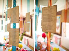 two photographs of a table with flowers and menus hanging from it's sides