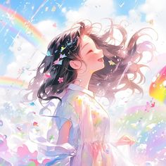 a girl with her hair blowing in the wind, surrounded by rainbows and stars