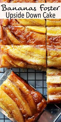 banana fosterer upside down cake on a cooling rack with the words, bananas fosterer upside down cake