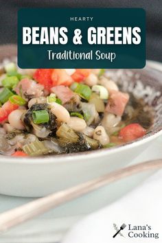 Beans and Greens Soup – a great winter soup featuring dried great northern beans and turnip greens. Economical and nutritious! Greens Soup, Beans And Greens, Green Soup, Winter Soup, Northern Beans, Turnip Greens