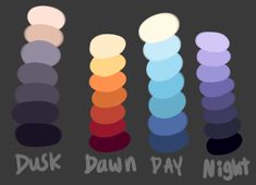 three stacks of different colors with the words dusk dawn day night