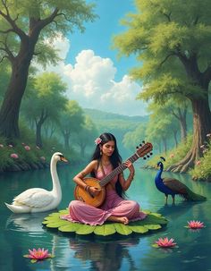 a painting of a woman sitting on a lily pad with a guitar in her hand