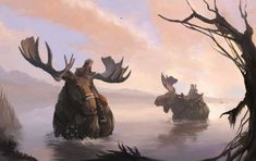 two moose riders are riding through the water