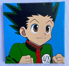 an acrylic painting of a young man with black hair and green shirt on