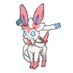 the pixel art of an animal with blue eyes and pink ears, is featured in this image