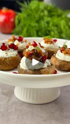 Kateryna Barger on Instagram: "This easy appetizer comes together in no time and is so so delicious! 
Juicy mushrooms, stuffed with cheese filling - as always, very simple, yet quite impressive. 

Give it a try, Save ✔️and Share 💌

- 7 large baby bella mushrooms, stems removed
- 1 tsp olive oil 
- 2 oz feta cheese
- 2 tbsp plain Greek yogurt 
- 1 garlic clove, finely minced
- 1 tbsp dill, finely chopped 
- salt, pepper, to taste
- bacon bits, to garnish 
- more fresh dill, pomegranate arils, optional, to garnish

Place mushrooms, stem side up, in a baking dish and season with salt and pepper. Drizzle with olive oil. Bake at 390F for 15 minutes, or air fry at 350F for 10 mins. Once the mushrooms are cooked, remove the excess liquid and place mushrooms on a serving plate.

Mix feta cheese w