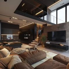 a living room filled with lots of furniture and a flat screen tv mounted on the wall