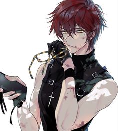 an anime character with red hair and black clothes holding a spider in his right hand