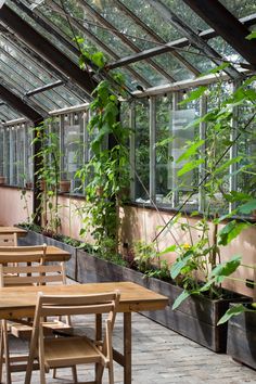 the inside of a greenhouse with tables and chairs