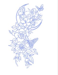 a drawing of flowers and butterflies on a white background with the moon in the sky