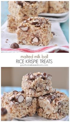 rice krispy treats stacked on top of each other with chocolate chips and almonds