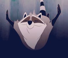 an animated image of a raccoon with his hands up in the air and eyes closed