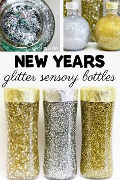 silver and gold glitter bottle with text overlay that says, silver & gold glitter sensory bottles