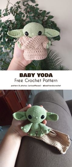 crocheted baby yoda and the child's hat is shown in two different colors