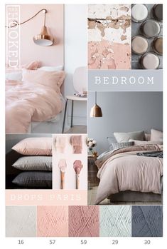 an image of a bedroom with pink and grey colors on the walls, bedding and pillows