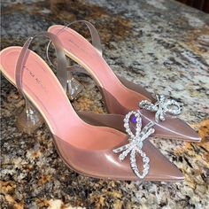 Amina Muaddi, Brown Nude Heels With Diamond Bowtie In Perfect Condition Only Wore Three Times. Size 39 Euro Muaddi Shoes, Amina Muaddi Heels, Amina Muaddi Shoes, Amina Muaddi, Nude Heels, Shoes Women Heels, Shoes Heels, Women Shoes, Cream