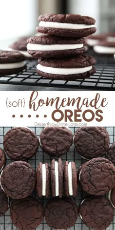 chocolate cookies with white frosting stacked on top of each other and the words, soft homemade oreos