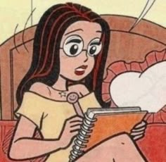 a drawing of a woman sitting on a couch reading a book with an open notebook in front of her