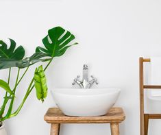 a white sink sitting on top of a wooden stool next to a potted plant