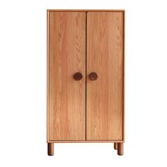 a wooden cabinet with two doors and handles