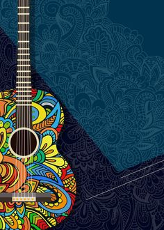 an acoustic guitar with colorful paisley designs on the top and bottom, in front of a blue background