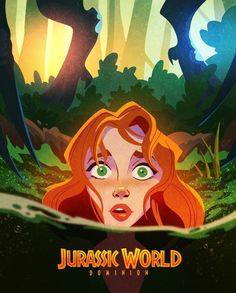 the poster for jurasic world featuring an image of a woman with red hair and green eyes