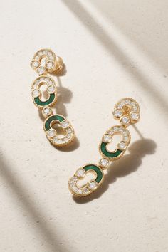 Viltier's pieces are meticulously handcrafted at the label's intimate Paris workshop. Part of the signature 'Magnetic' collection, these earrings are cast from Fairmined 18-karat gold inlaid with deep malachite and shimmering round-cut diamonds. Luxury Yellow Gold Malachite Jewelry, Elegant Gold Malachite Earrings, Luxury Elegant Malachite Earrings, Luxury Malachite Necklace, Luxury Malachite Pendant Jewelry, Jewelry Mood Board, Diamond Jewelry Set, Fancy Jewellery Designs