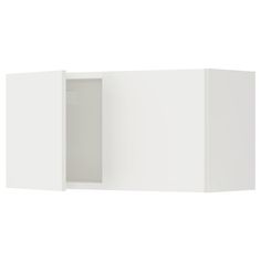 a white wall mounted cabinet with two doors and one open door on the side,