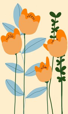 three orange flowers with blue leaves on a beige background, one is pink and the other is green