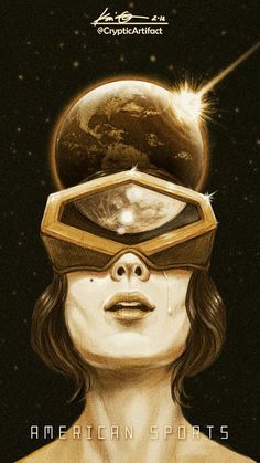 an image of a woman wearing a helmet with the earth on her head and stars in the background