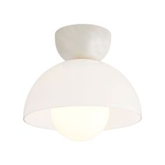 a white ceiling light with a round shade on the top and an open bulb at the bottom