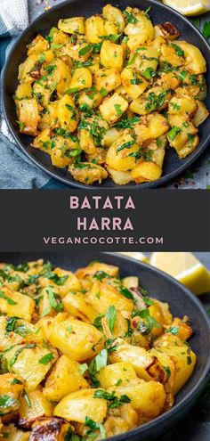 two pictures of potatoes with herbs in them and the words bata hara on top