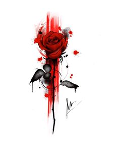 a red rose with black birds on it and some watercolor paint splatters