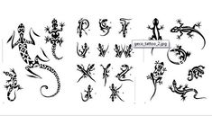 the alphabet and numbers are drawn in black ink with different designs on them, including lizards