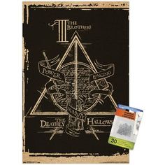 the deathly hallows harry potter poster on a black background with an old parchment paper