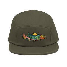 Mountain Trout Fly Fishing Camp Hat by Zissou MTN Gear - Etsy Green Short Brim Baseball Cap For Outdoor Activities, Green Snapback Hat With Short Brim For Outdoor, Green 5-panel Trucker Hat For Outdoor Activities, Green Baseball Cap For Outdoor Activities, Short Brim, Casual Fishing Trucker Hat With Flat Brim, One Size Fits Most Snapback Fishing Hat, Curved Brim Trucker Hat For Fishing, Trucker Snapback Hat With Flat Bill For Fishing, Green 5-panel Trucker Hat For Outdoor