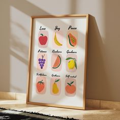 a framed poster with different fruits on it in front of a wall mounted art piece