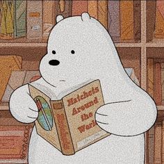 a polar bear reading a book in front of bookshelves