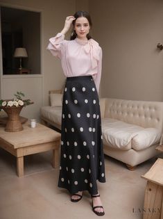 Lasaky - Premium Selection Polka Dot High-Waisted Satin Midi Skirt with Cascading Effect: Stunning Color-Contrasting Maxi Skirt Elegant Polka Dot Skirt For Spring, Fitted Long Skirt In Polka Dot, Fitted Polka Dot Long Skirt, Chic Long Skirt With Polka Dot, Chic Polka Dot Long Skirt, Elegant Polka Dot Flowy Skirt Bottoms, Stylish Midi Skirt, Floral Print Midi Skirt, Knit Pencil Skirt