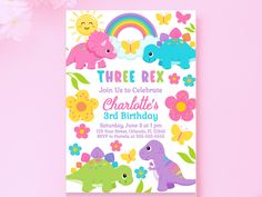 a birthday party card with colorful dinosaurs and flowers on it, next to some pink flowers